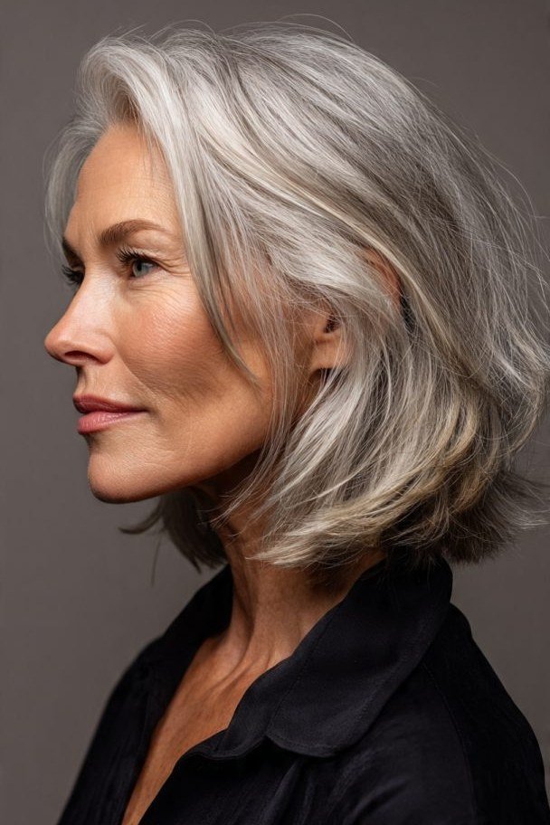 silver bob, side profile, medium length hairstyle for women over 60