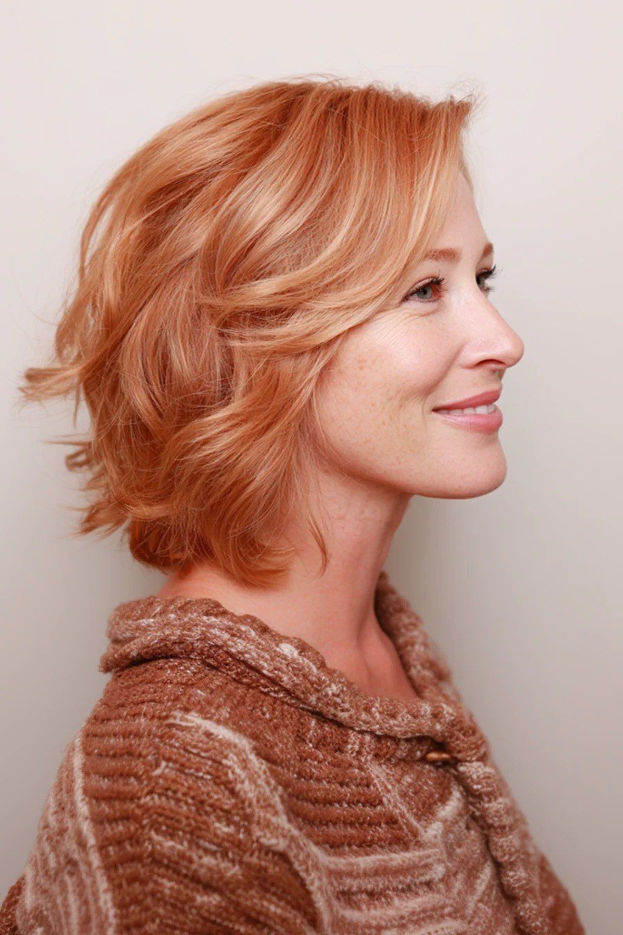 Polished copper wavy bob with warm waves, side view, for women over 40