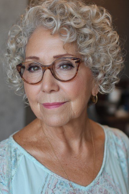 Silver curly bob with glasses for women over 50
