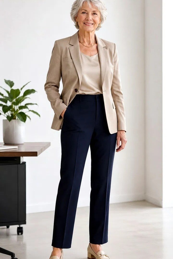 Beige blazer with navy trousers in an office