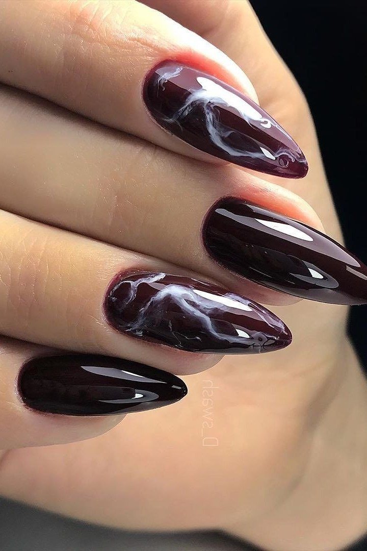 Black burgundy marble stiletto nails for women over 50