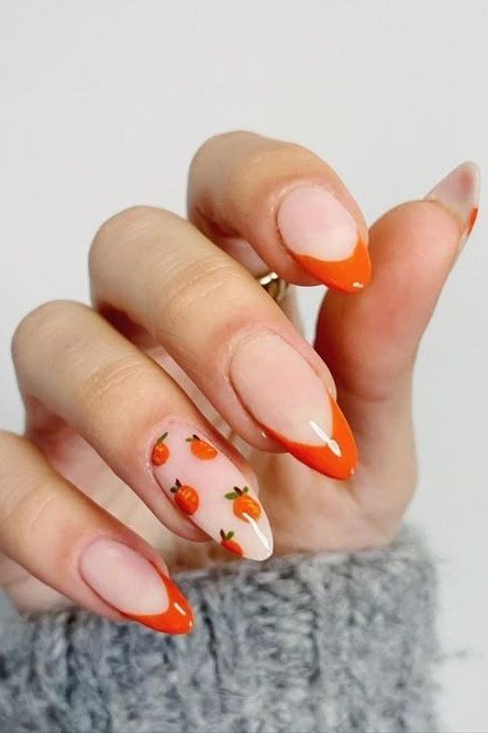 Orange french pumpkin nails, fall nail design for women over 60