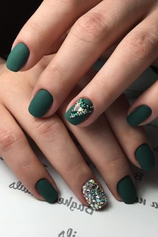 Forest green with gold glitter accent short square, elegant fall nail design for women over 40