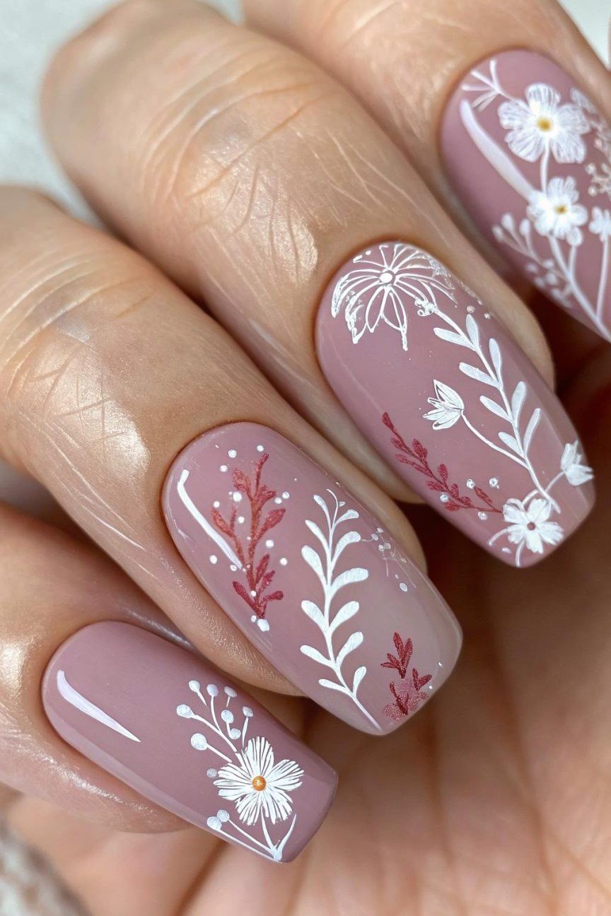 Mauve Square Nails with Botanical Line Art, elegant mauve nail idea for women over 60