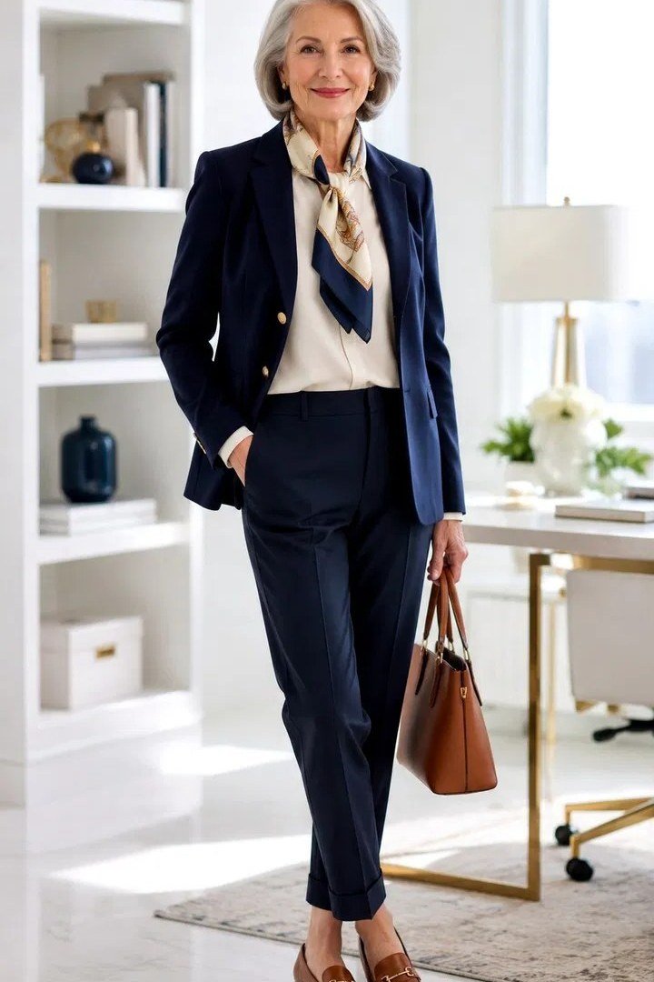 Woman over 50 in a navy suit with a silk scarf and cognac tote in an office