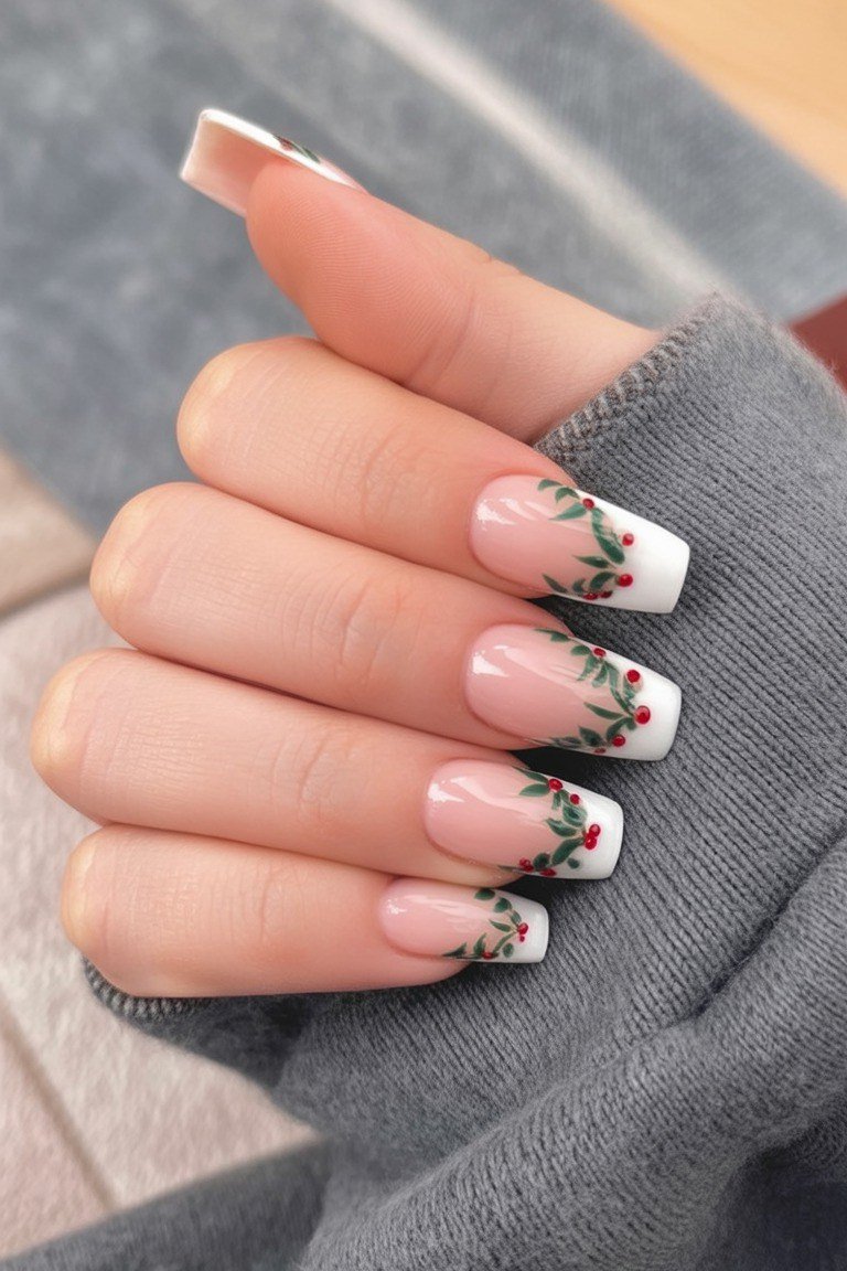 white french tips with holly sprig christmas nail art