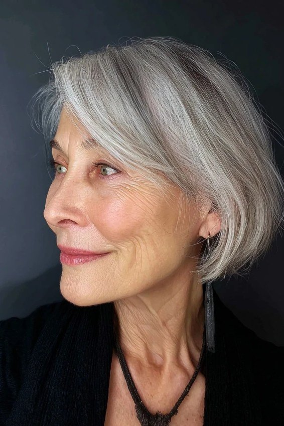 Clean white layered shaggy bob for women over 60, side profile
