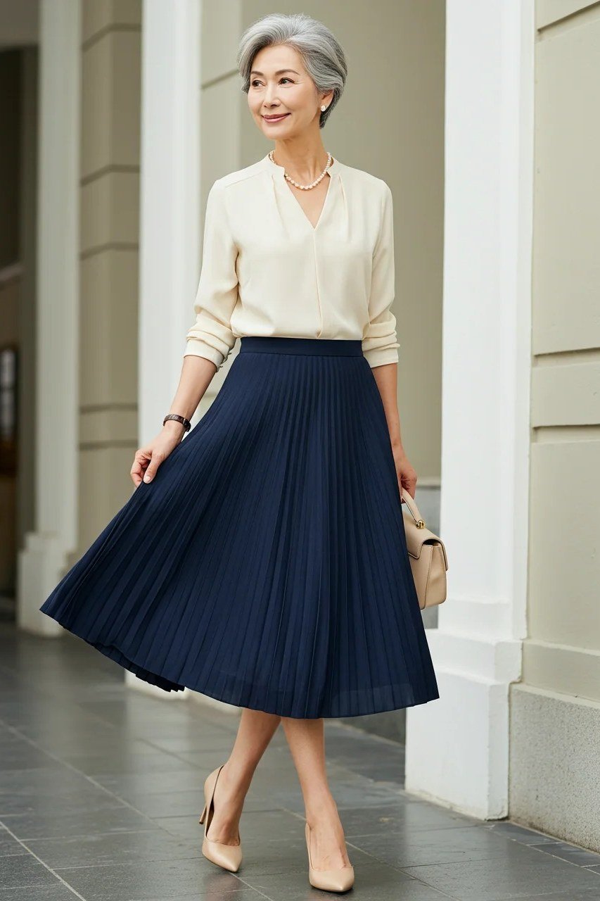 Cream Blouse With Navy Pleated Skirt - flattering outfit idea for women over 50, how to dress better over 50
