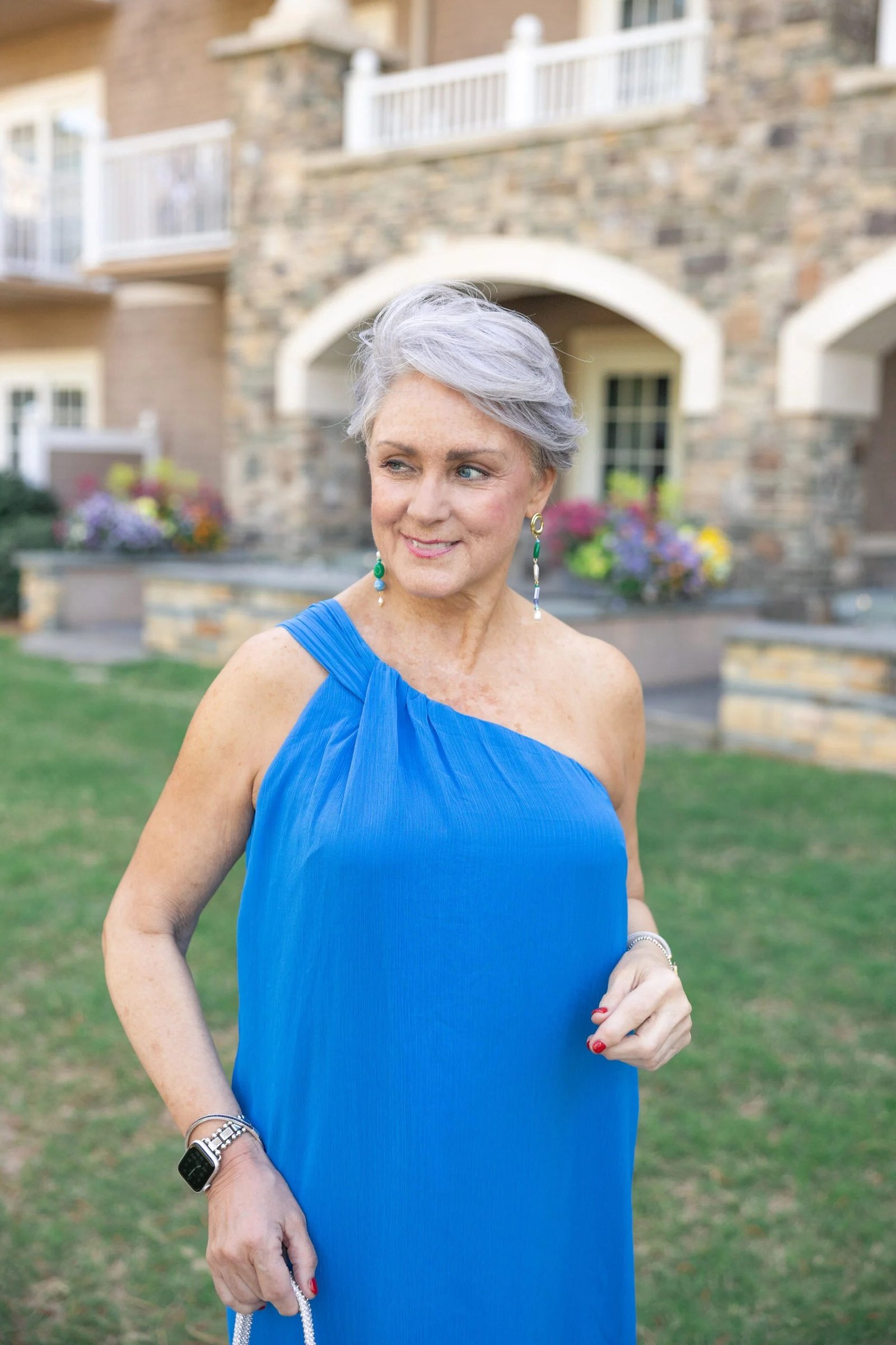 royal blue one-shoulder maxi gown, garden,, elegant wedding guest dress for women over 60