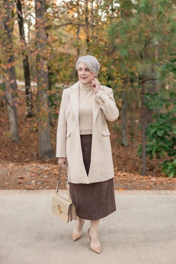 Cream Blazer With a Brown Midi Skirt, smart casual outfit for women over 50