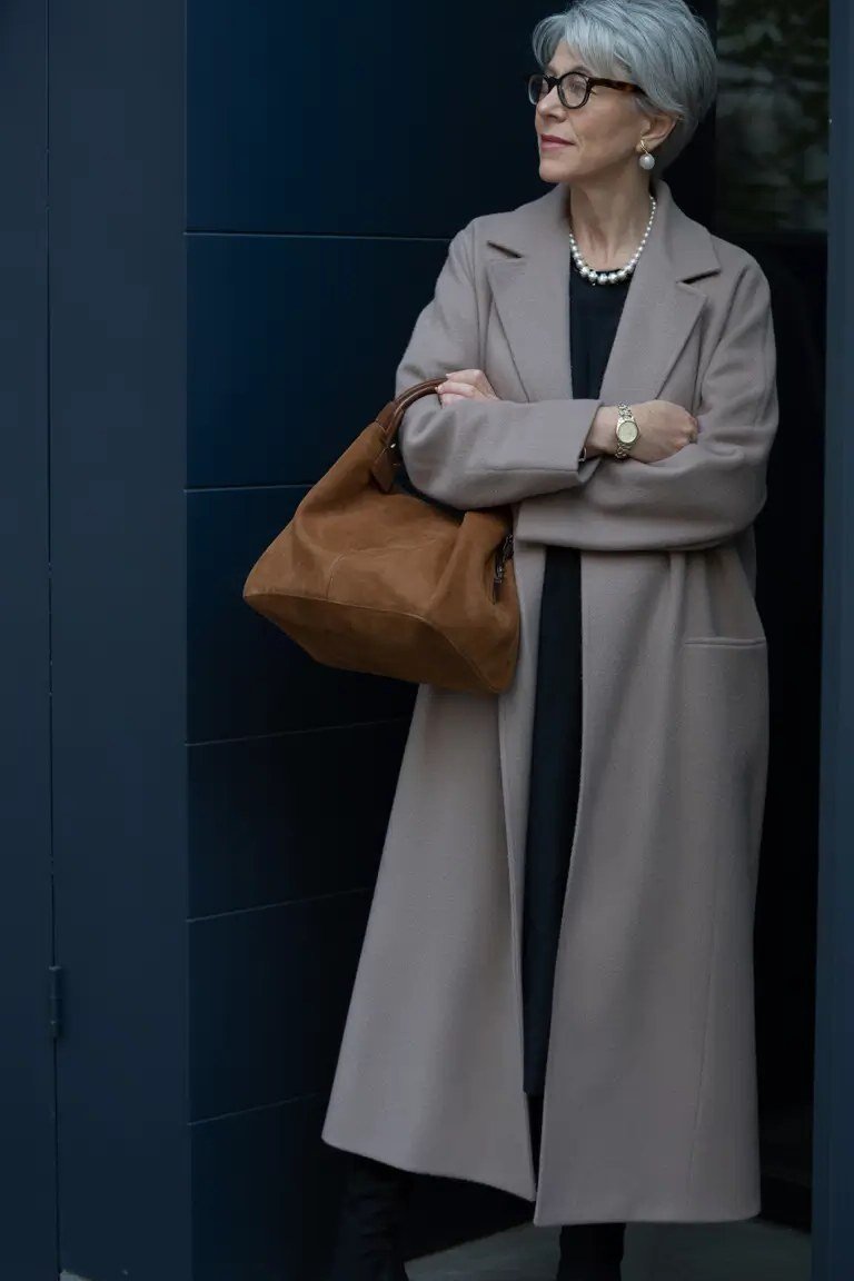 taupe wrap coat with black top church outfit for women over 60