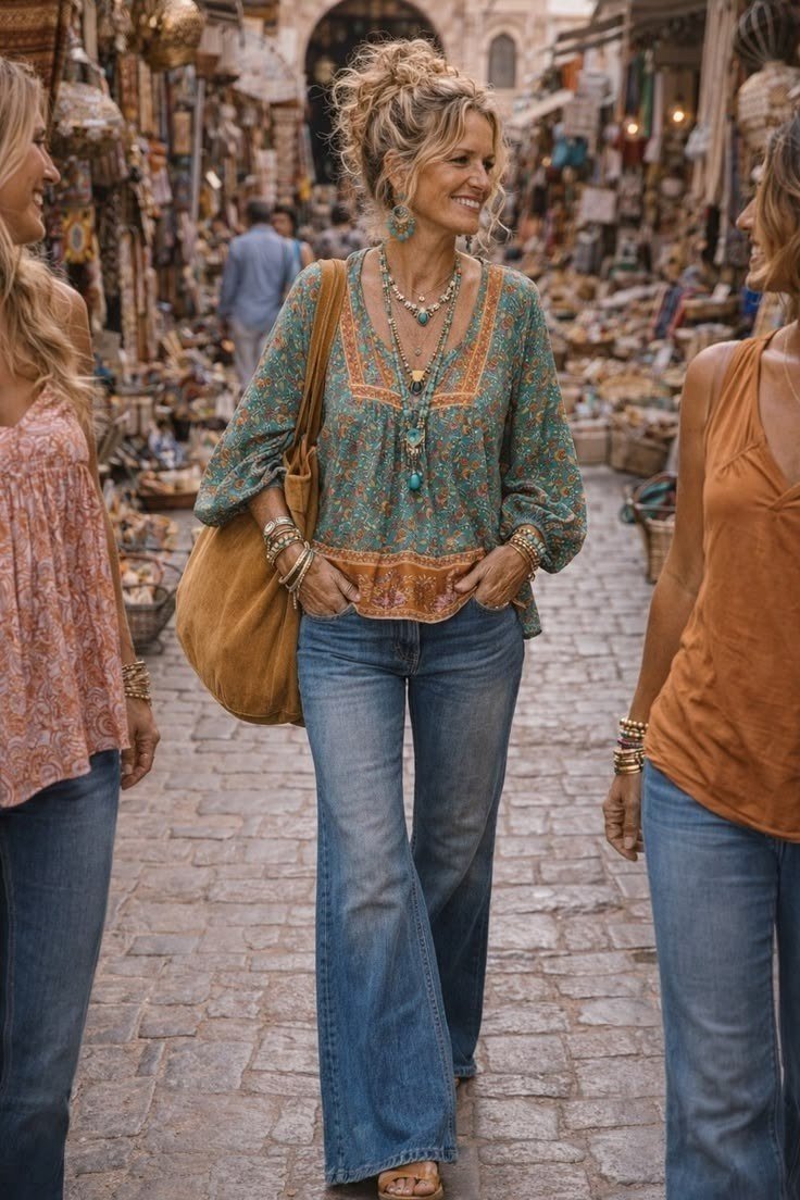 Older woman in paisley peasant blouse and wide leg jeans