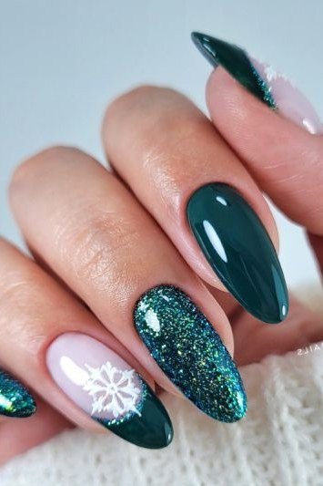 Teal Glitter Snowflake Almond Nails - teal snowflake almond, glitter winter nail design for women over 60