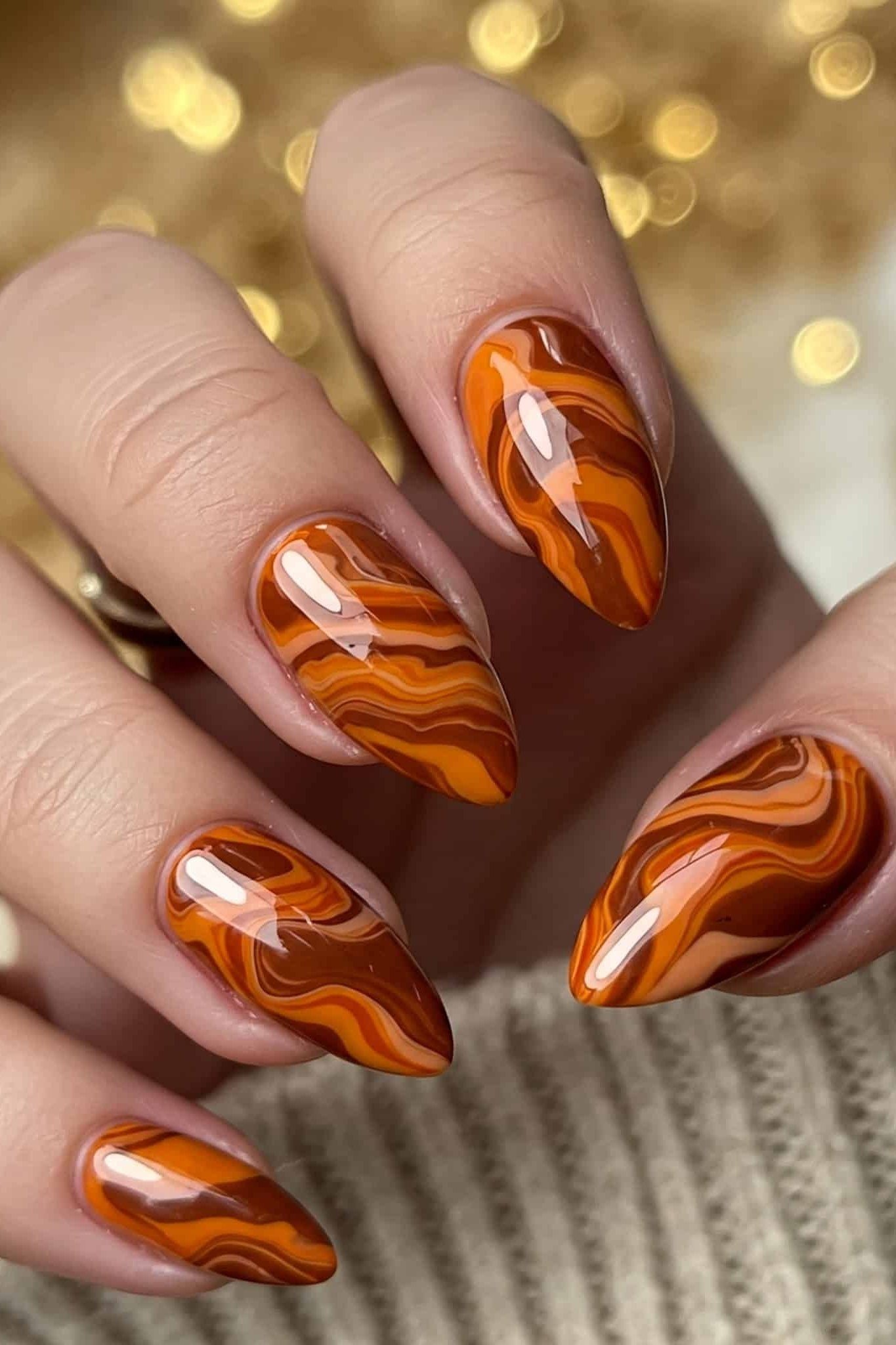 Caramel Swirl Almond Nails, chocolate brown fall nail design for women over 60