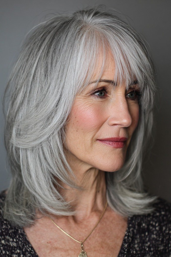 salt and pepper bob with bangs for women over 50, front view