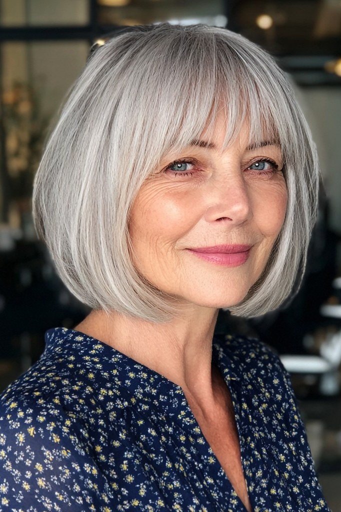 Silver bob with bangs, front view, smooth salon finish, timeless hairstyle for women over 70