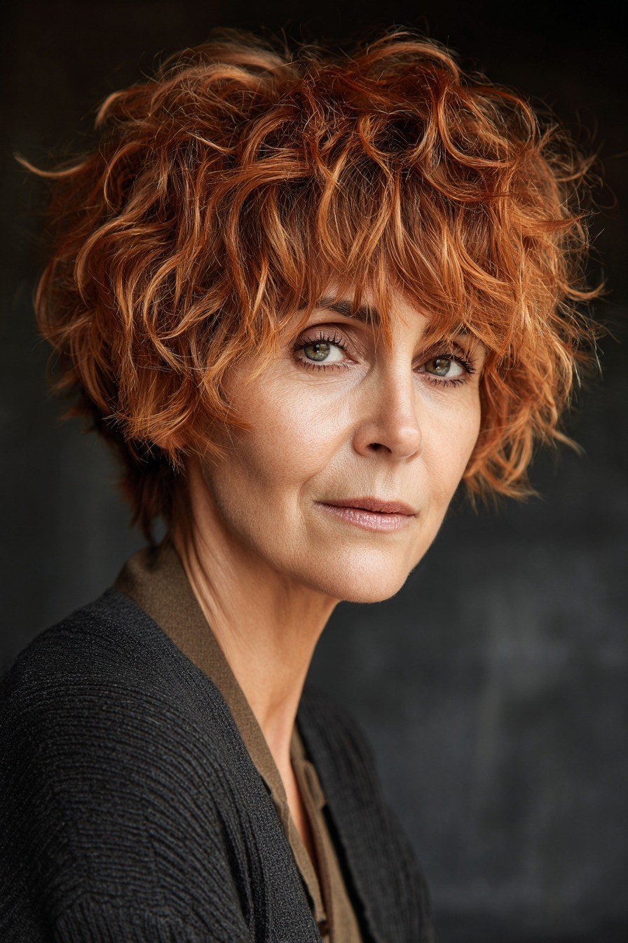 Copper curly bixie haircut front view for women over 60