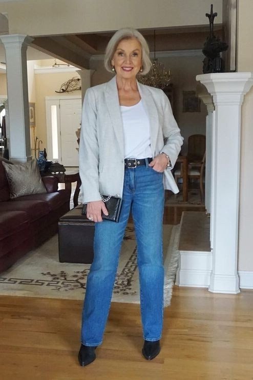 Gray Blazer with Blue Jeans, classic casual outfit for women over 70