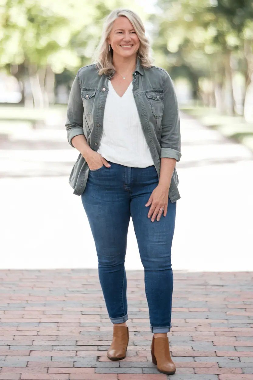 Grey shirt jacket a white tee grey shirt jacket white tee blue jeans blonde - fall outfit idea for women over 40