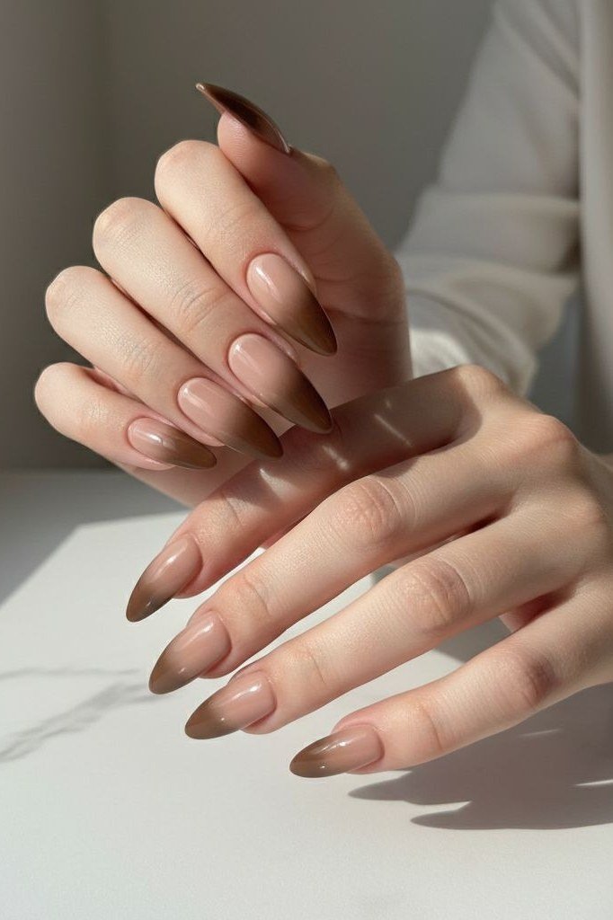 Brown French Tip Almond Nails in Sunlight - brown nail idea for women over 50