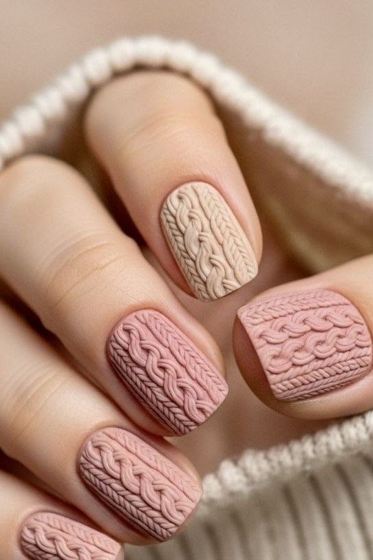 Mauve Taupe Cable-Knit Nail Art - winter nail trend for older women over 70