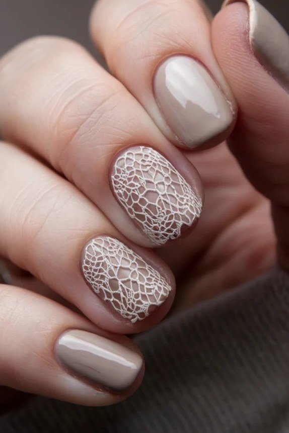 Taupe Lace Accent Nails - nude nail art idea for women over 40