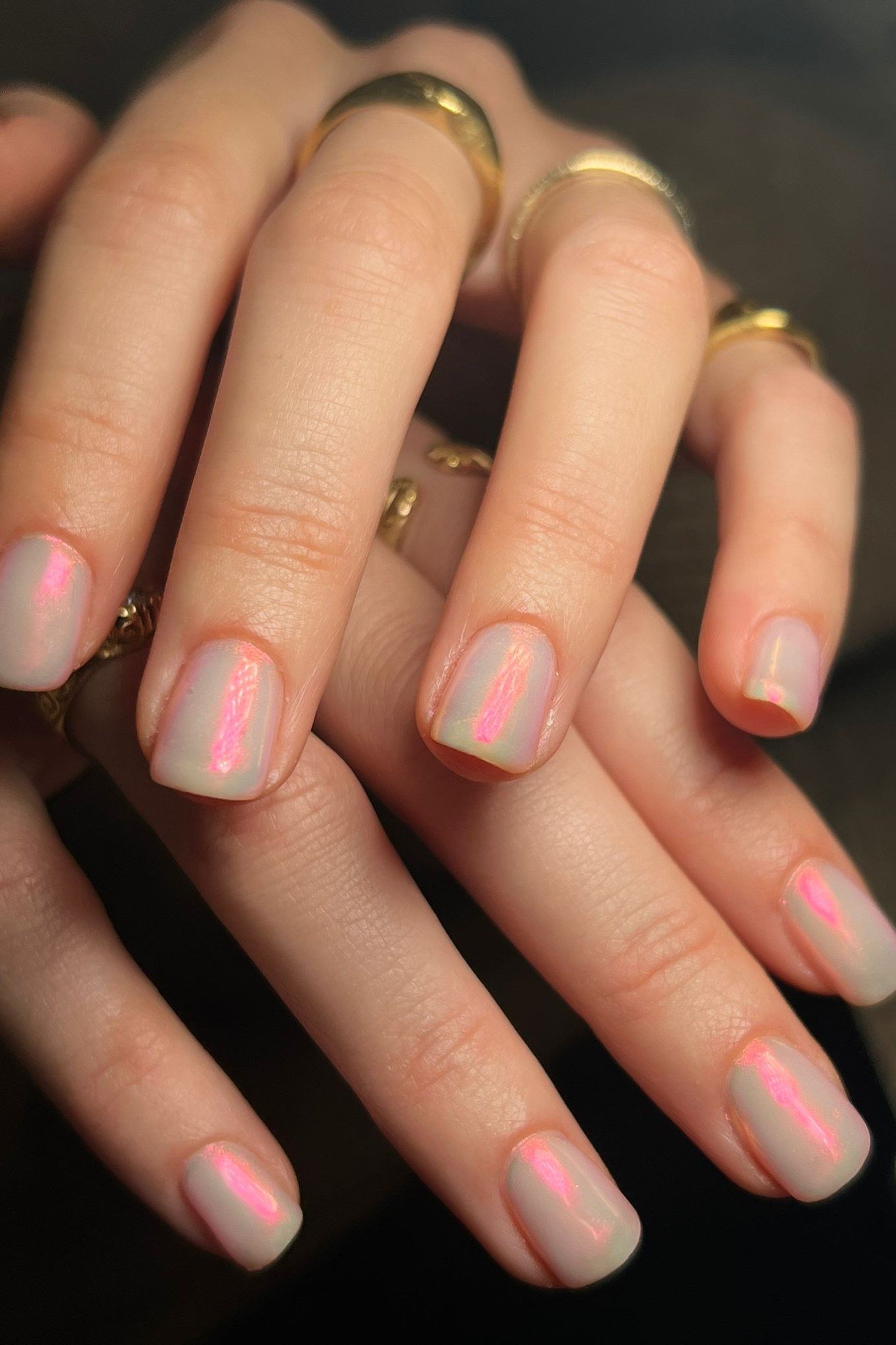 Pink Pearl Chrome with Dainty Gold Rings - chrome nail designs for women over 60