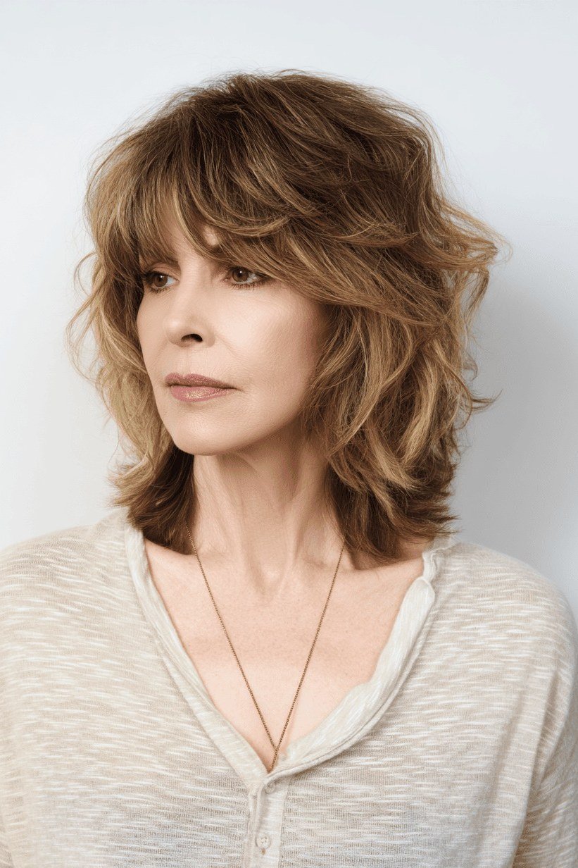 Layered Brunette Curly Shag with Bangs - medium shag haircut for women over 40