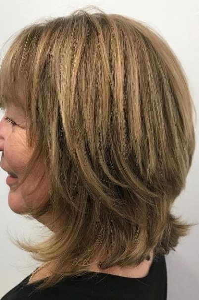 Brown Layered Shag with Bangs, medium hairstyle for women over 70