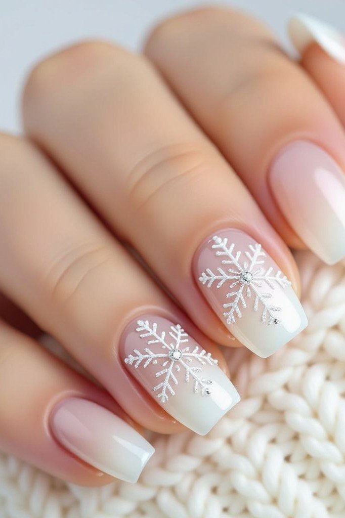 White Snowflake Ombre Nails with Cream Knit for women over 60