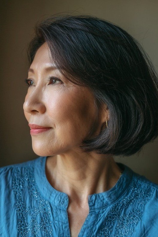 black chin-length bob, Asian woman, 3/4 view — chin-length layered bob hairstyle for women over 50