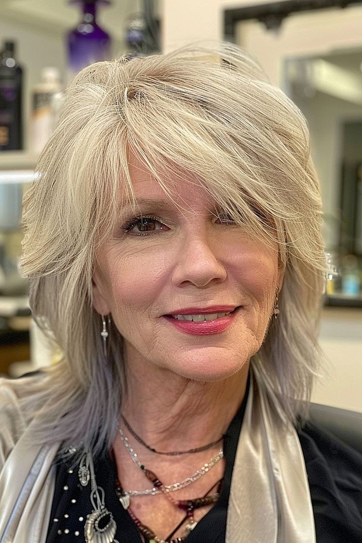 Silver Shaggy Lob with Bangs - layered lob hairstyle for women over 60