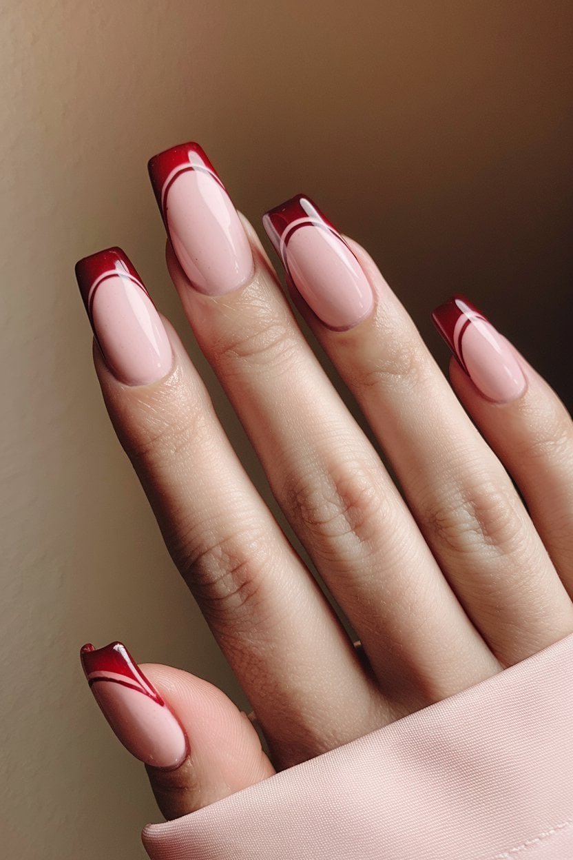 49. Nude French Nails With Burgundy Micro Tips - Thanksgiving nail art idea for women over 50