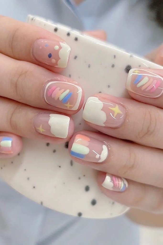 Milky White With Colorful Striped Art - short nail design for women over 60 that makes nails look longer
