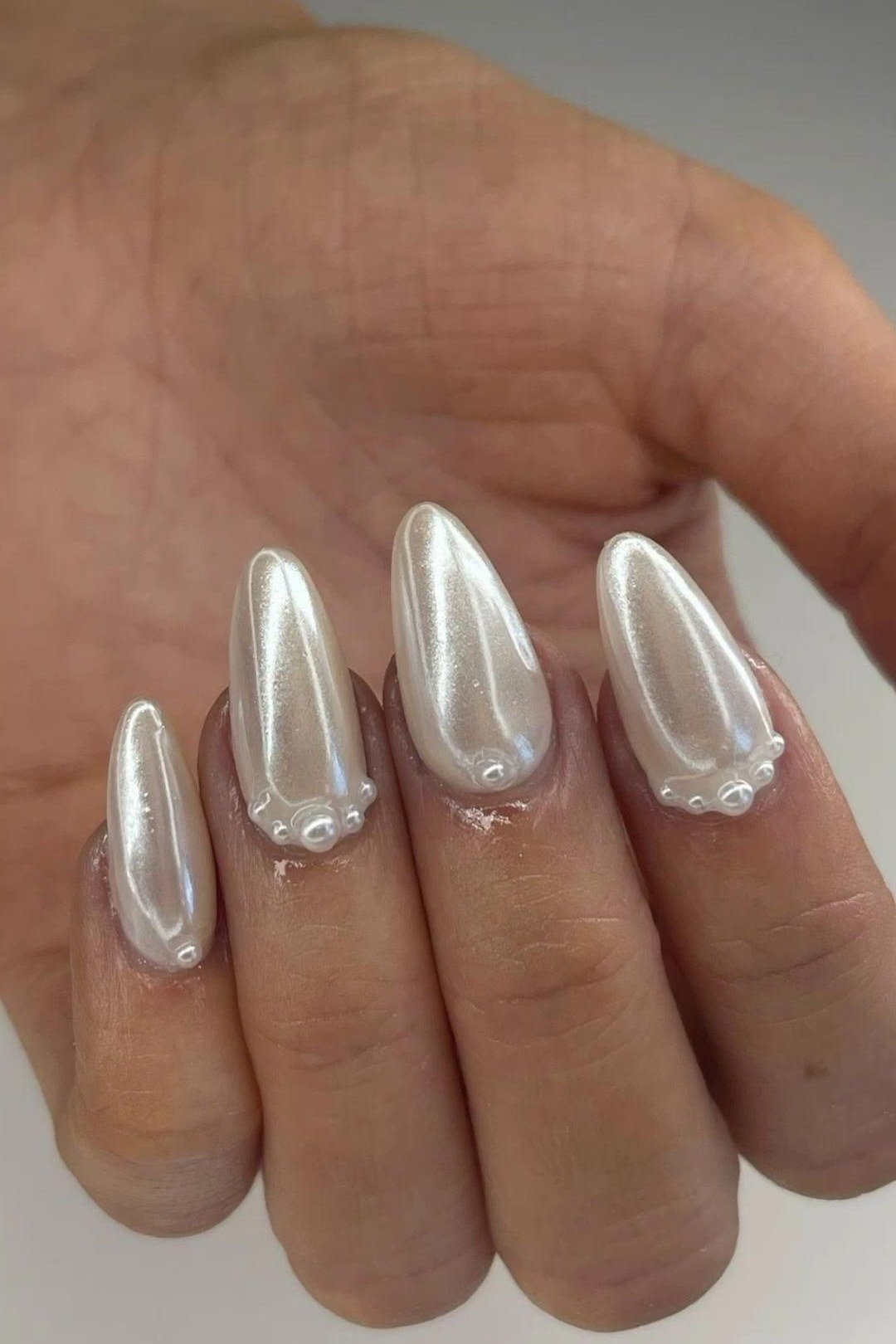 Silver Chrome Almond Mirror Nails - pearl finish nail idea for women over 60