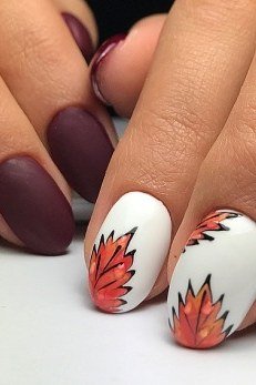 White and burgundy fall leaf, burgundy fall nail idea for women over 60