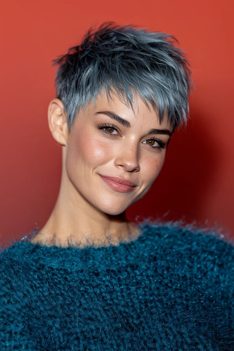 Icy Blue-Grey Pixie - bold edgy pixie haircut for women over 50