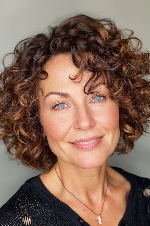 Medium brown curly lob, front view, older woman