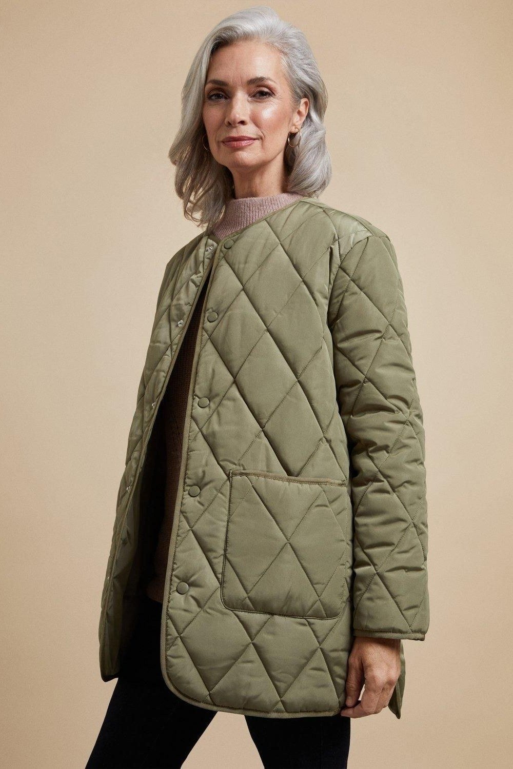 Olive quilted jacket outfit for women over 60