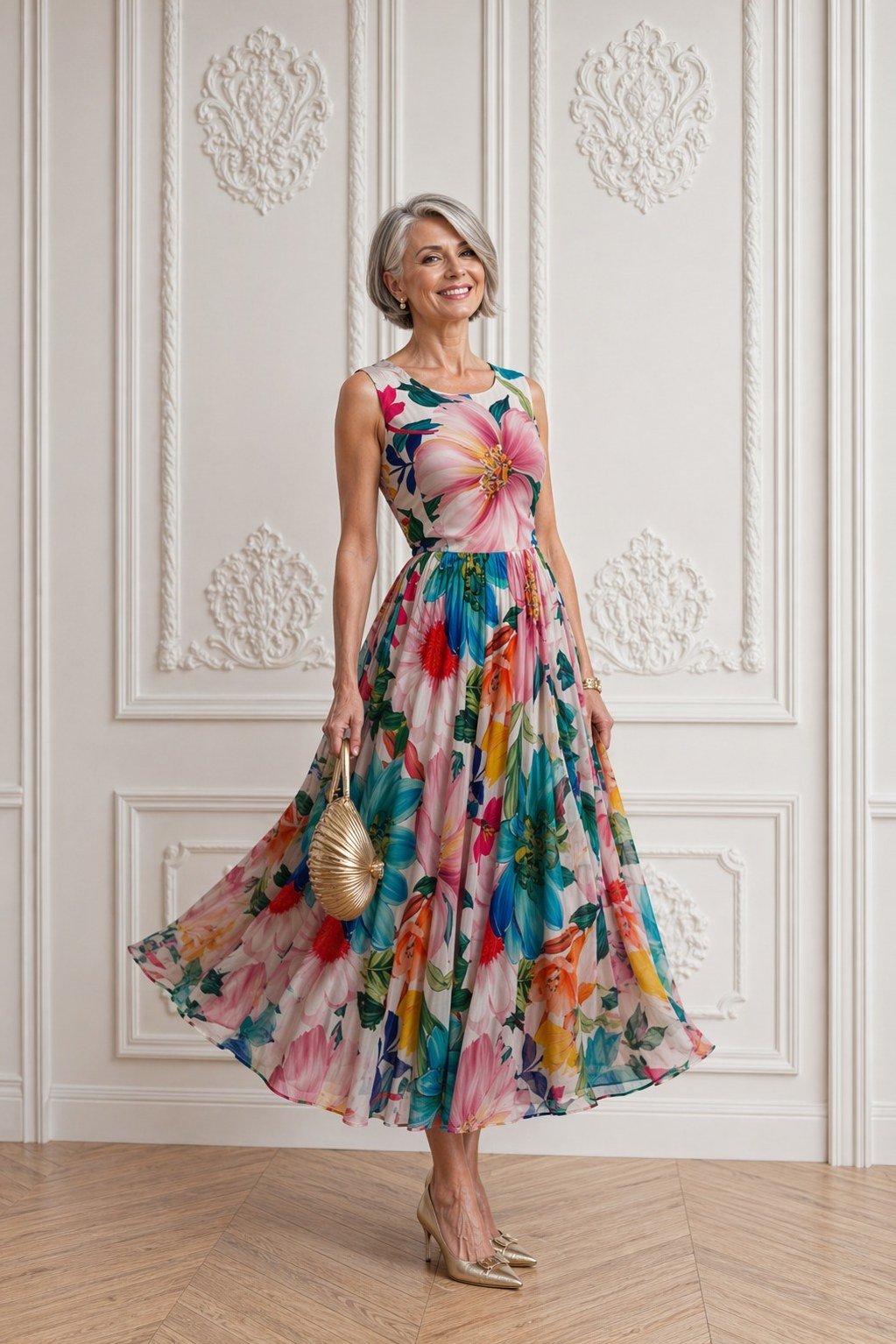 Multicolor floral maxi dress - wedding guest outfit for women over 50