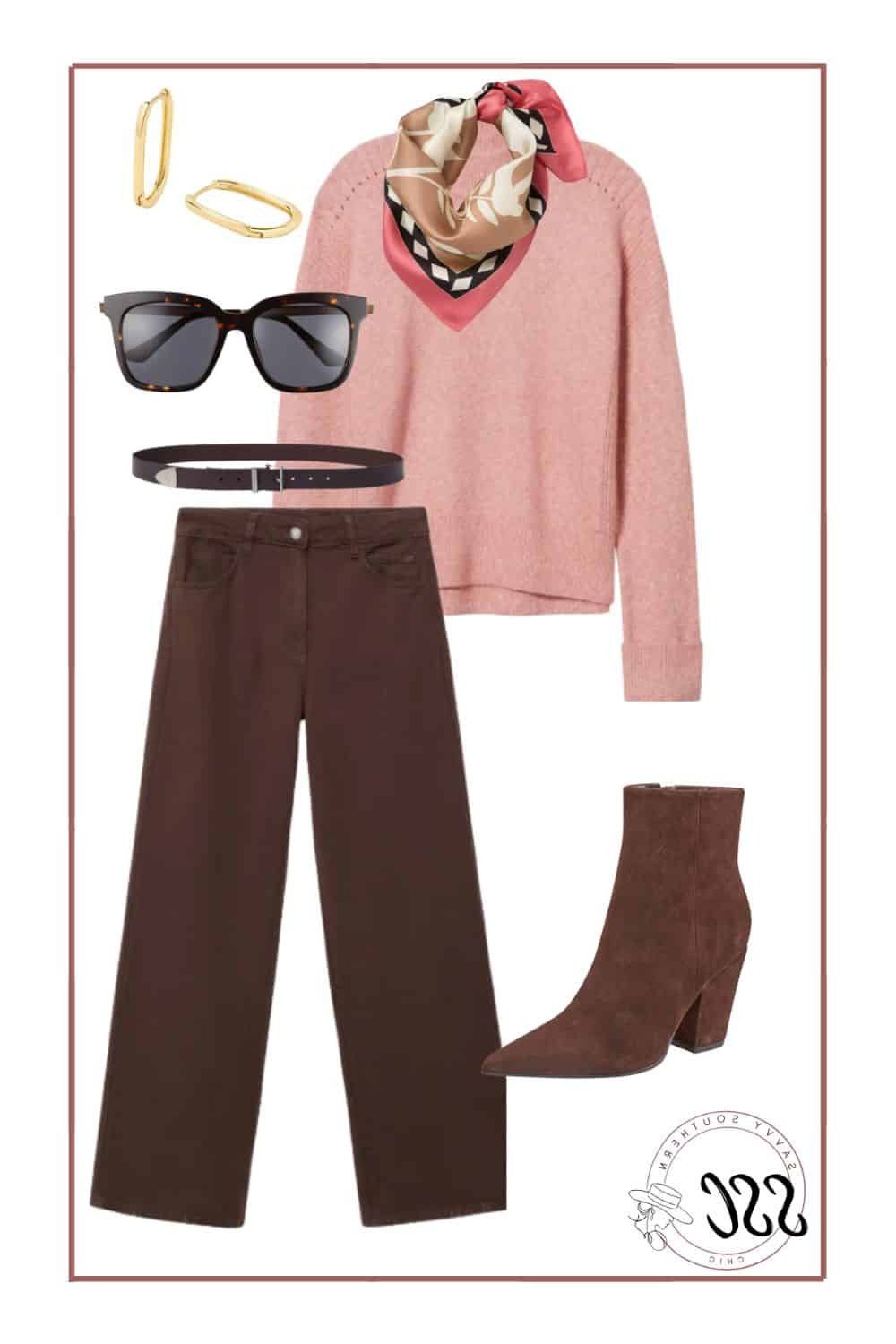 Pink Sweater with Brown Trousers (Flat Lay) on a woman over 50, fall outfit idea