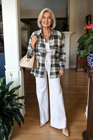 Black and white plaid shacket with white wide pants, fall outfit for women over 50