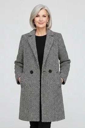 Gray tweed midi coat over black for women over 50 at work