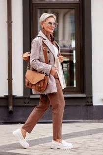 Tan Jacket with White Sneakers - fall outfit for women over 40