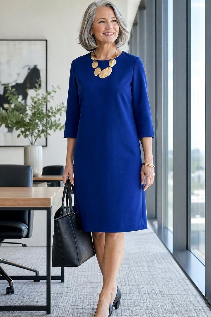 Work outfit for women over 40: royal blue sheath dress