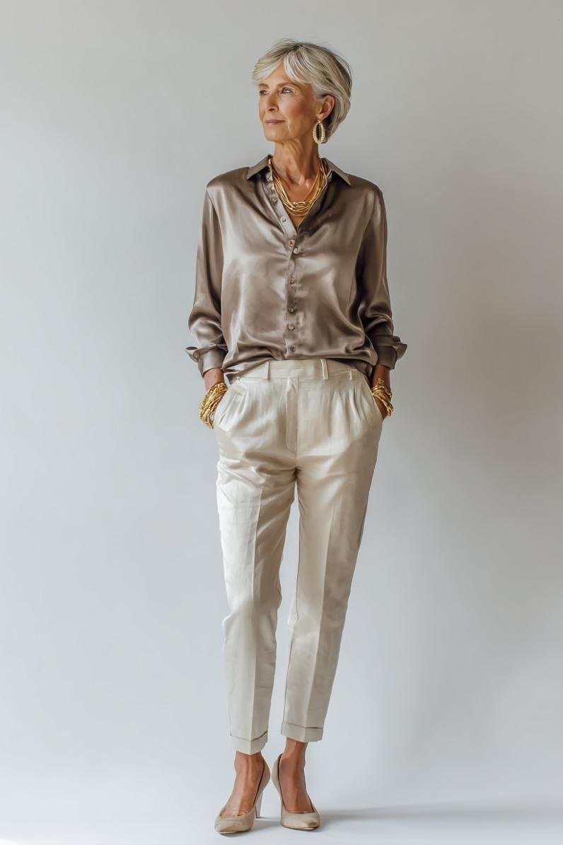 Effortlessly chic fall outfit for women over 60: champagne silk shirt with cream trousers
