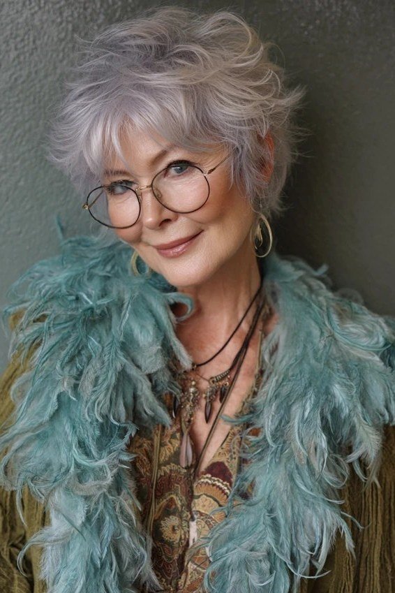 Grey shag haircut with statement glasses for older women