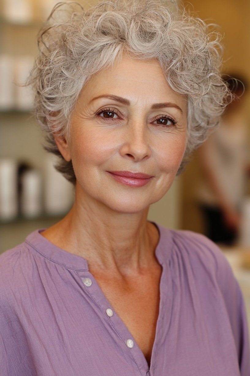 54. White Curly Bob - wash and wear hairstyle for older women