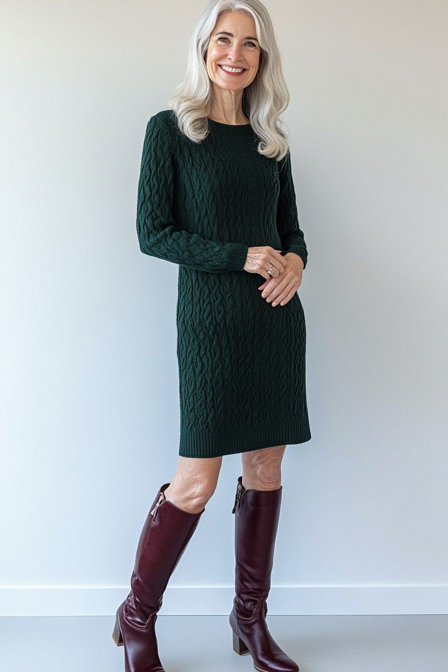 Forest-green cable-knit sweater dress with burgundy knee-high boots, cozy sweater outfit idea for women over 70