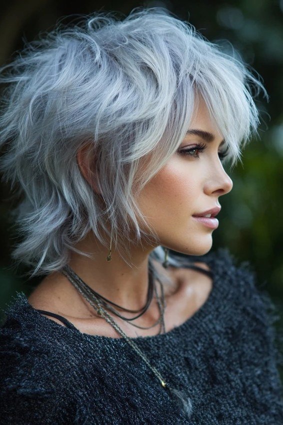 Icy blue shaggy choppy bob haircut for women over 60, side view